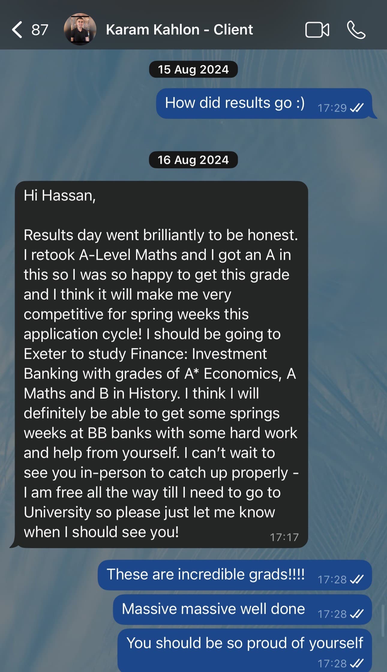 A-Level results · A* Economics, A Maths, B History · Exeter Finance & IB confirmed · 16 August 2024