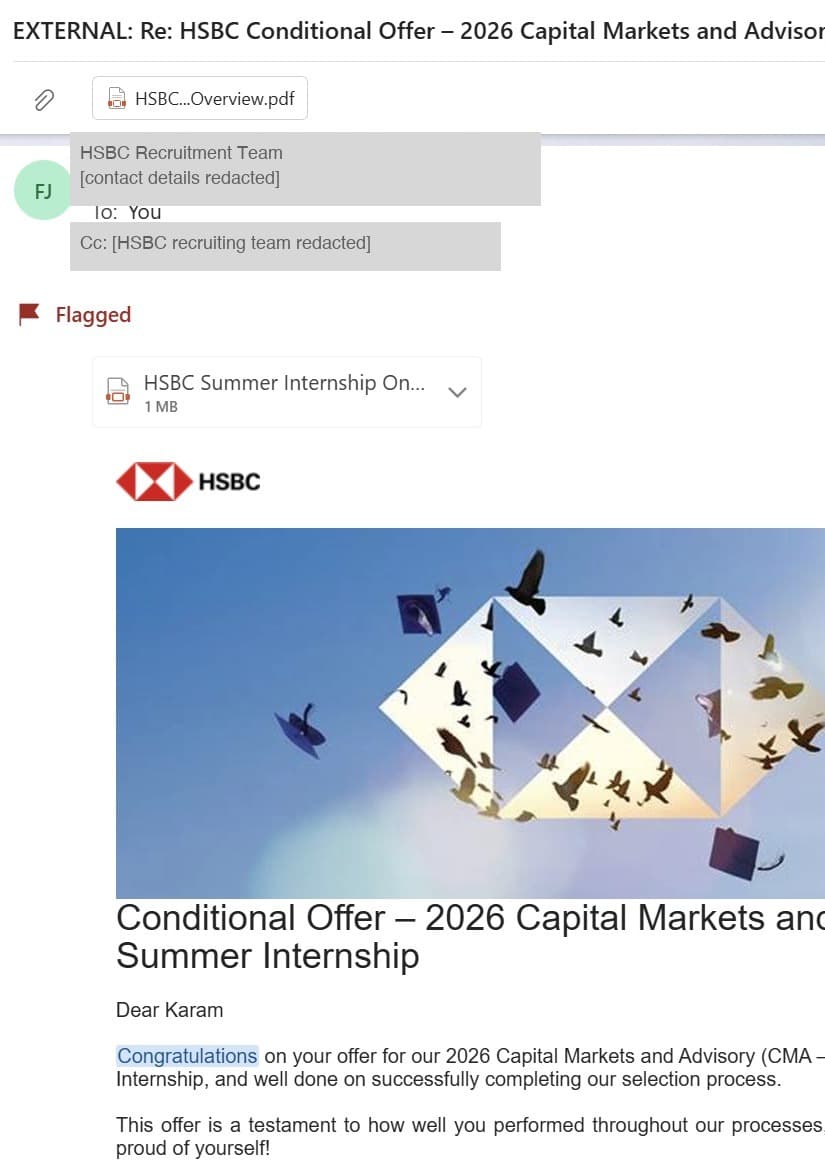 HSBC · 2026 Capital Markets & Advisory (CMA) Summer Internship CONDITIONAL OFFER · 12 June 2025