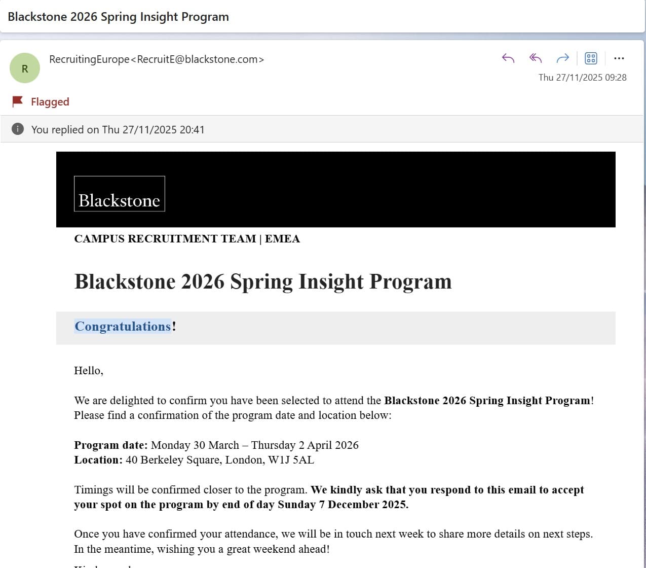 Blackstone · 2026 Spring Insight Program OFFER · 27 November 2025