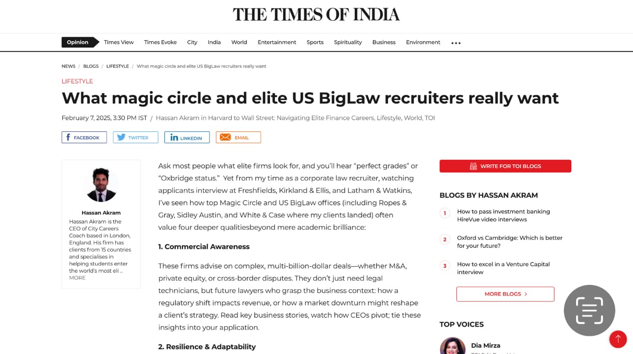 Times of India article by Hassan Akram on Magic Circle corporate law recruitment