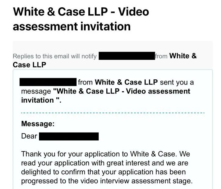 White & Case · video assessment invitation · Stage one
