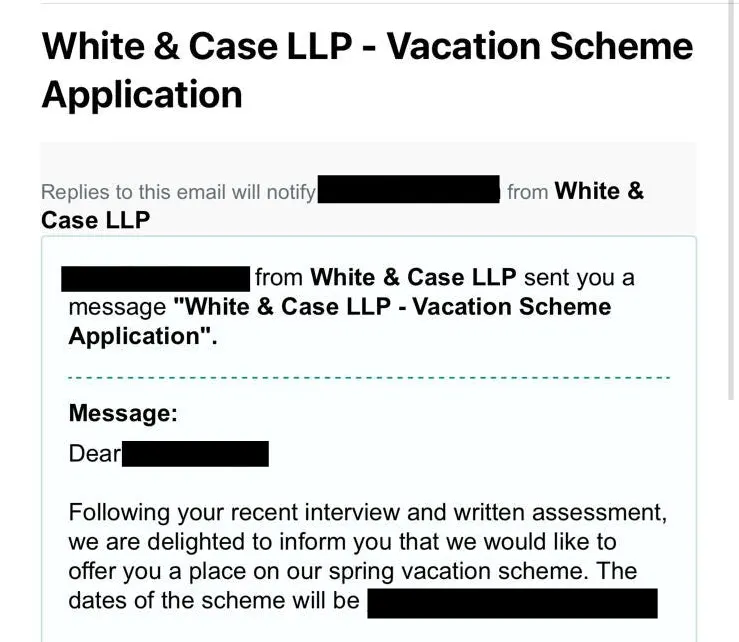 White & Case · spring vacation scheme place offered · Stage three