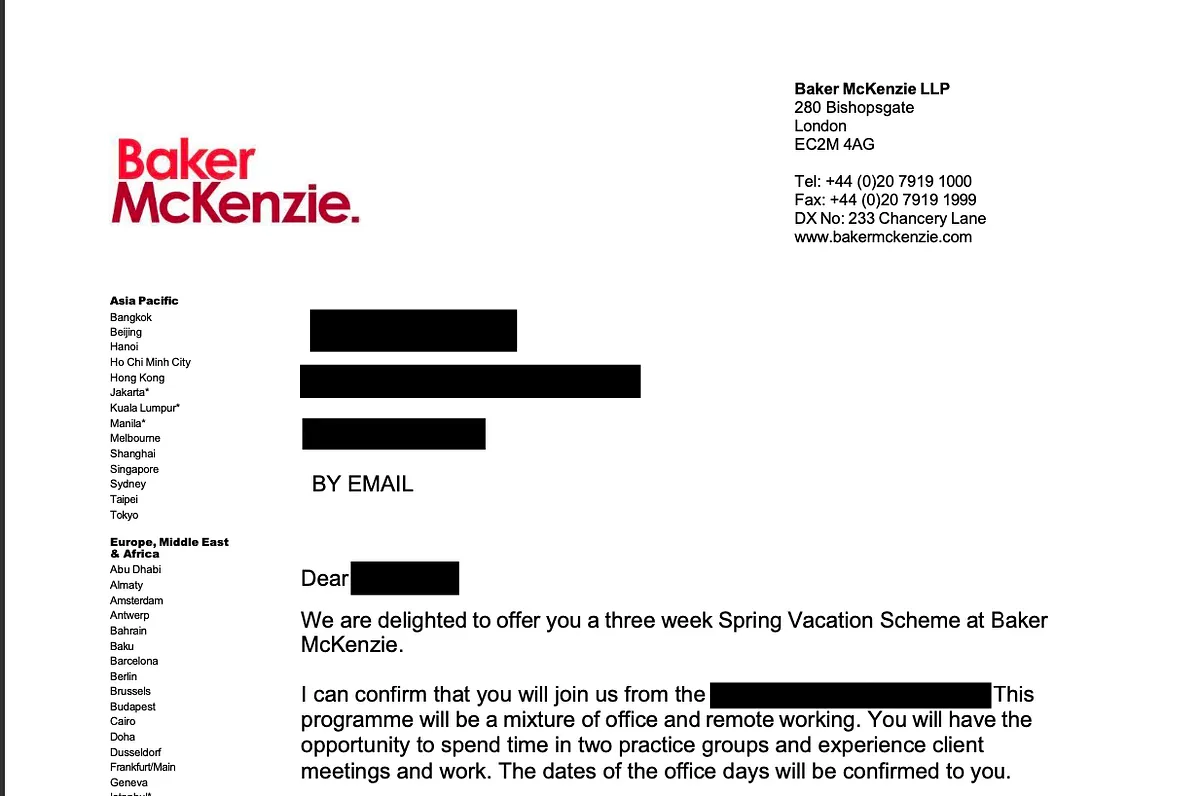 Baker McKenzie · Spring Vacation Scheme offered · Same cycle
