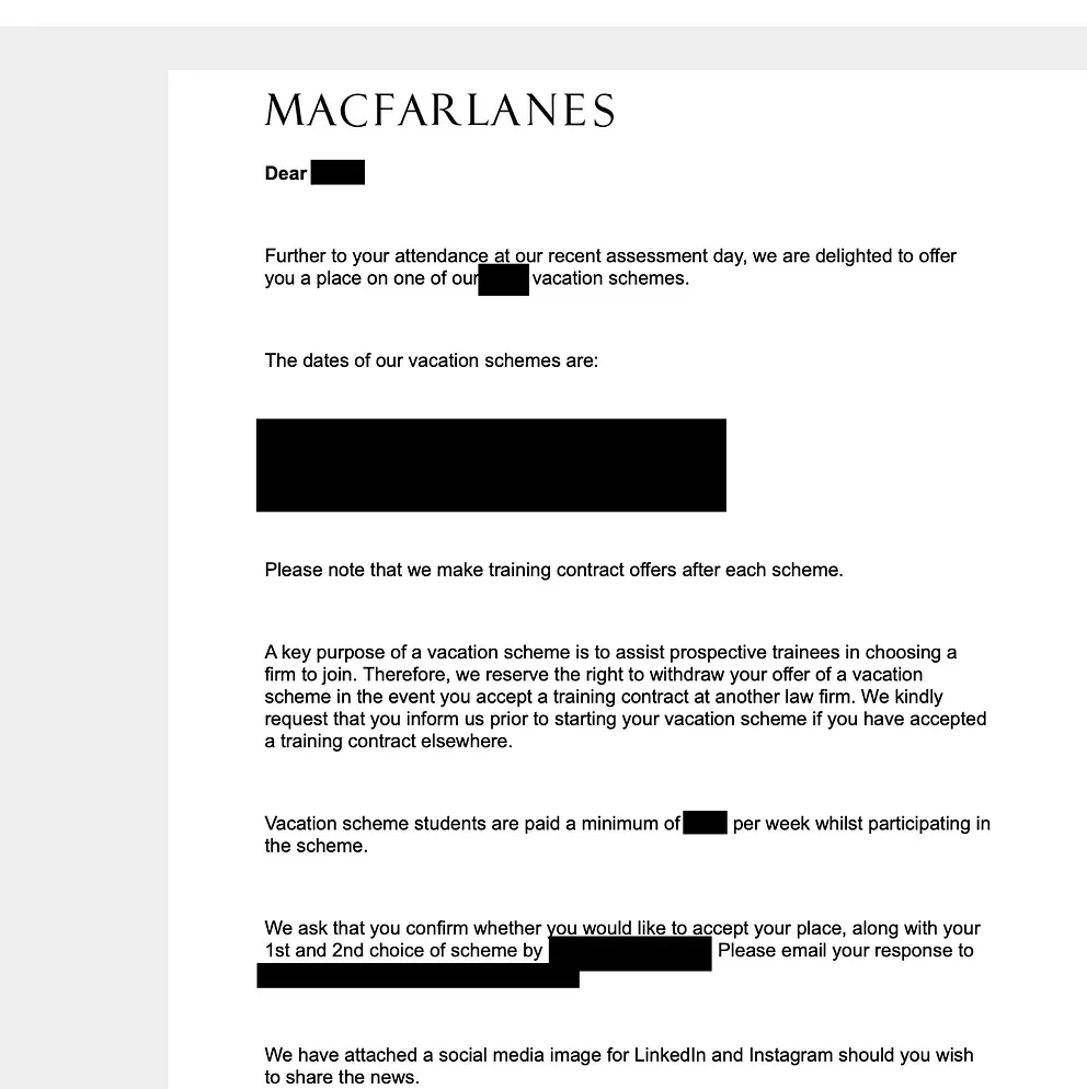 Macfarlanes · vacation scheme place offered · Same cycle