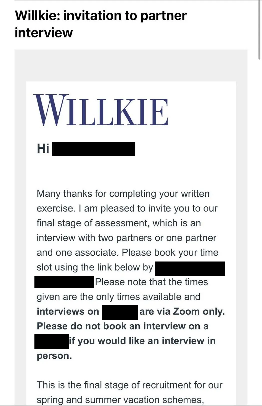Willkie Farr · invitation to partner interview · Same cycle