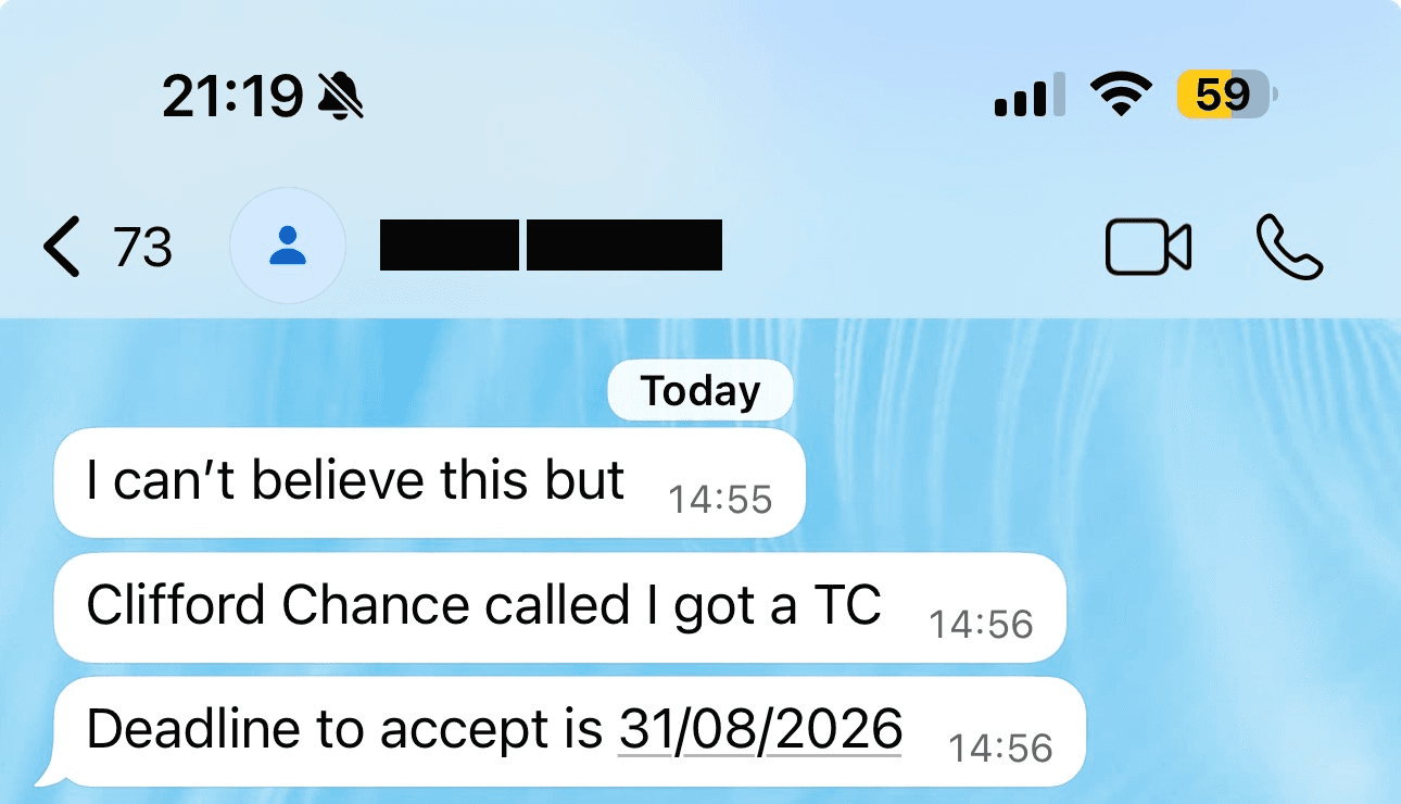 Clifford Chance Training Contract - WhatsApp outcome announcement, deadline 31 August 2026. Candidate identity redacted.