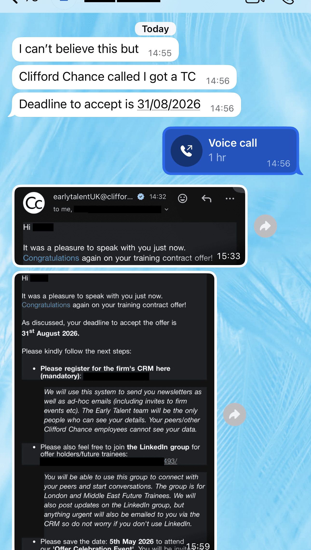 Anonymised Clifford Chance Training Contract outcome - WhatsApp message and Early Talent offer email, candidate identity and identifying URLs redacted