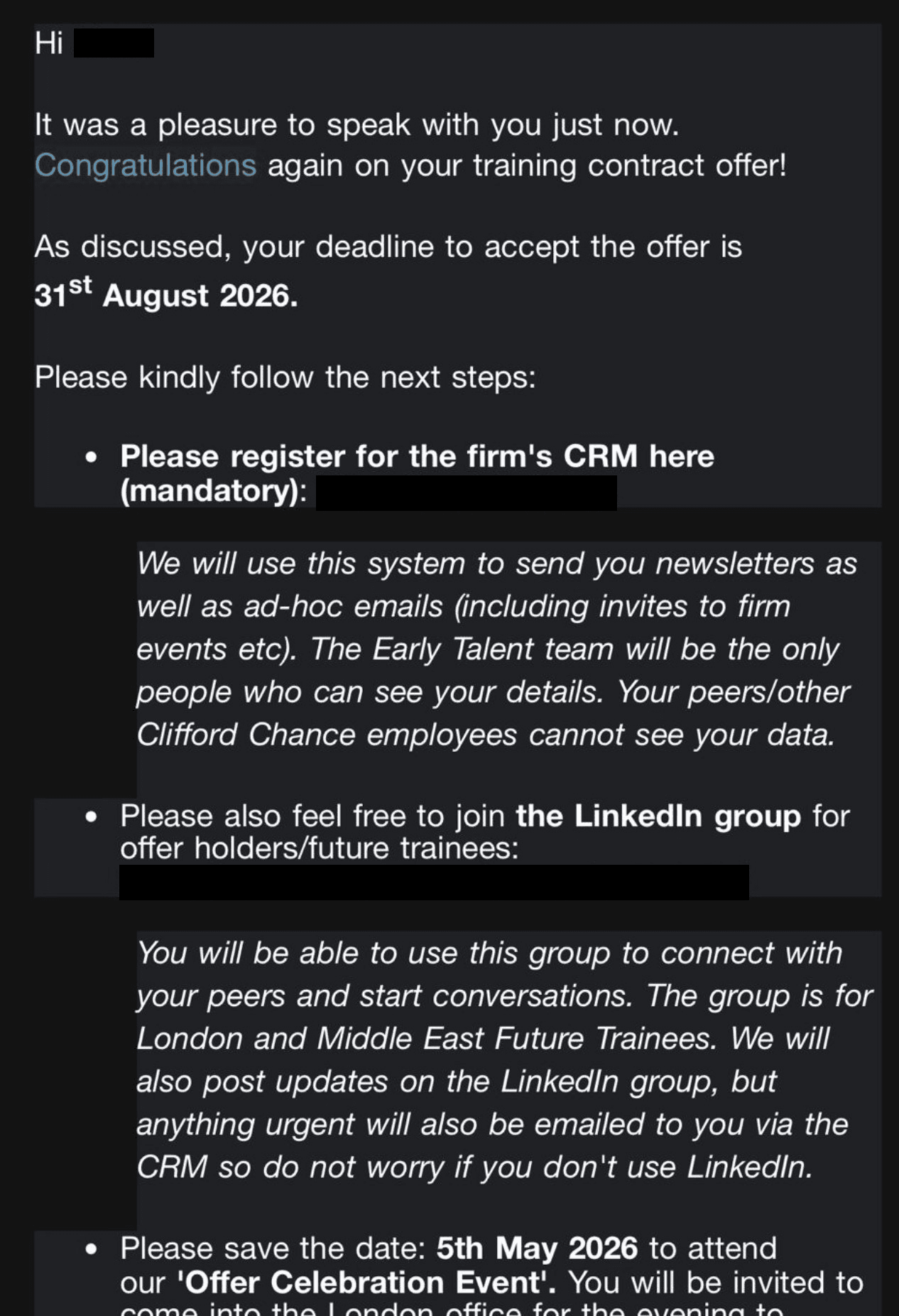 Clifford Chance Early Talent Training Contract offer email - congratulations message, CRM registration step, future-trainees LinkedIn group reference, Offer Celebration Event invite for 5 May 2026. Candidate identity, recruiter contact and identifying URLs redacted; firm-side details preserved as evidence.