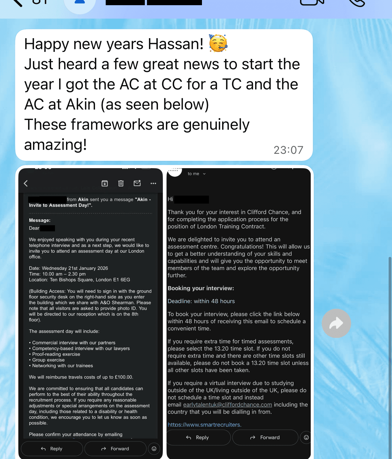 Earlier in the same cycle - WhatsApp message from the same candidate to Hassan announcing both a Clifford Chance Assessment Centre invite and an Akin Gump Assessment Centre invite. Includes the unprompted line "These frameworks are genuinely amazing!". Candidate identity and recruiter names redacted.