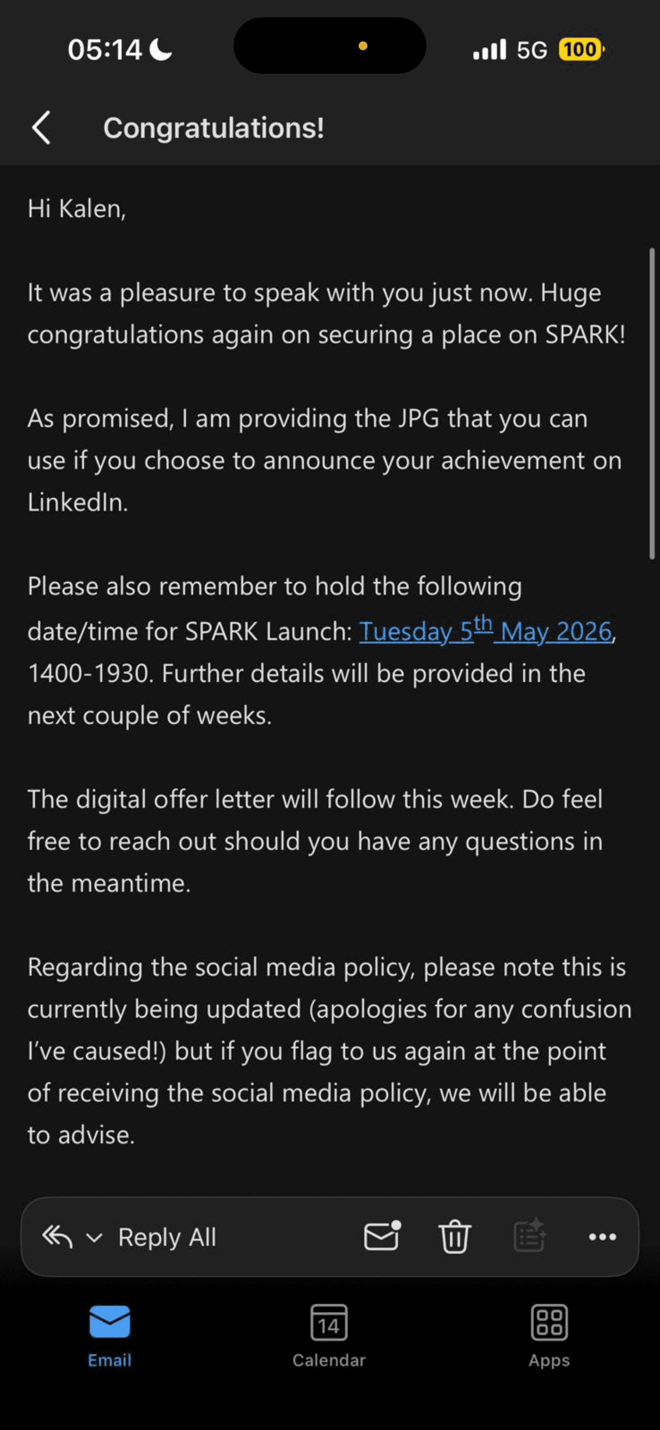 Clifford Chance SPARK 2026 confirmation email to Kalen Harrald