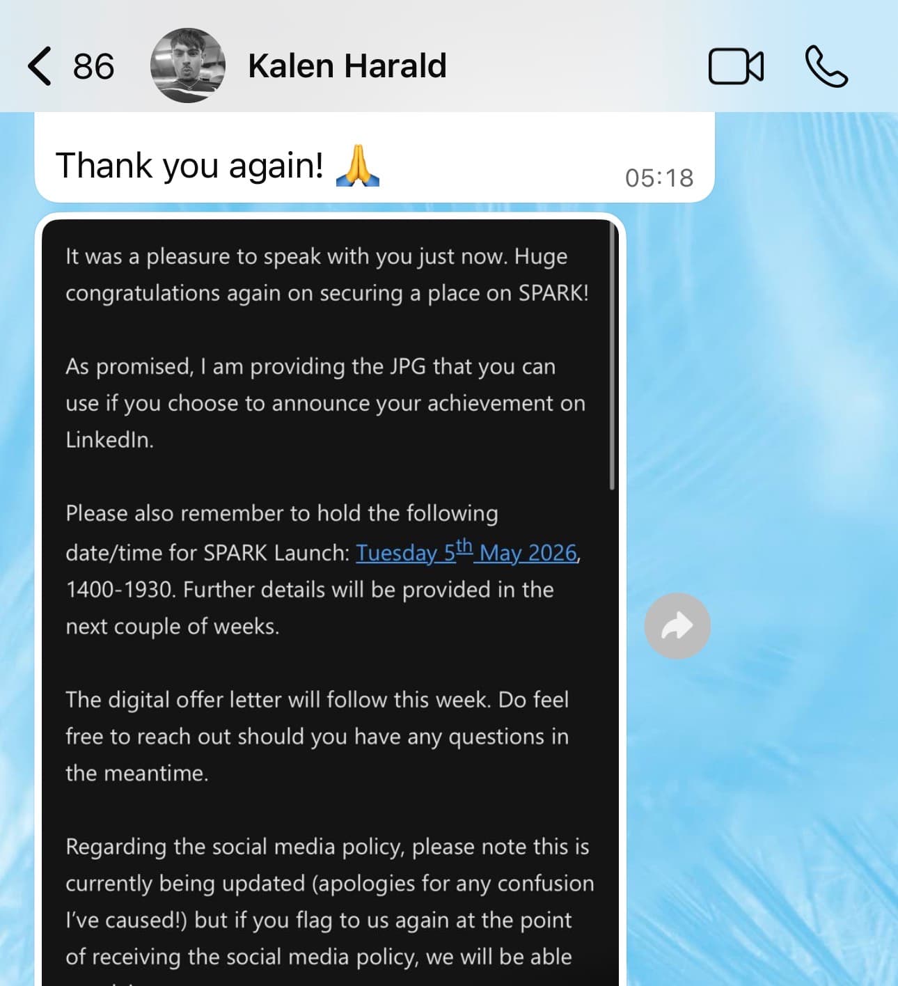 Kalen Harrald, WhatsApp thank-you and SPARK confirmation