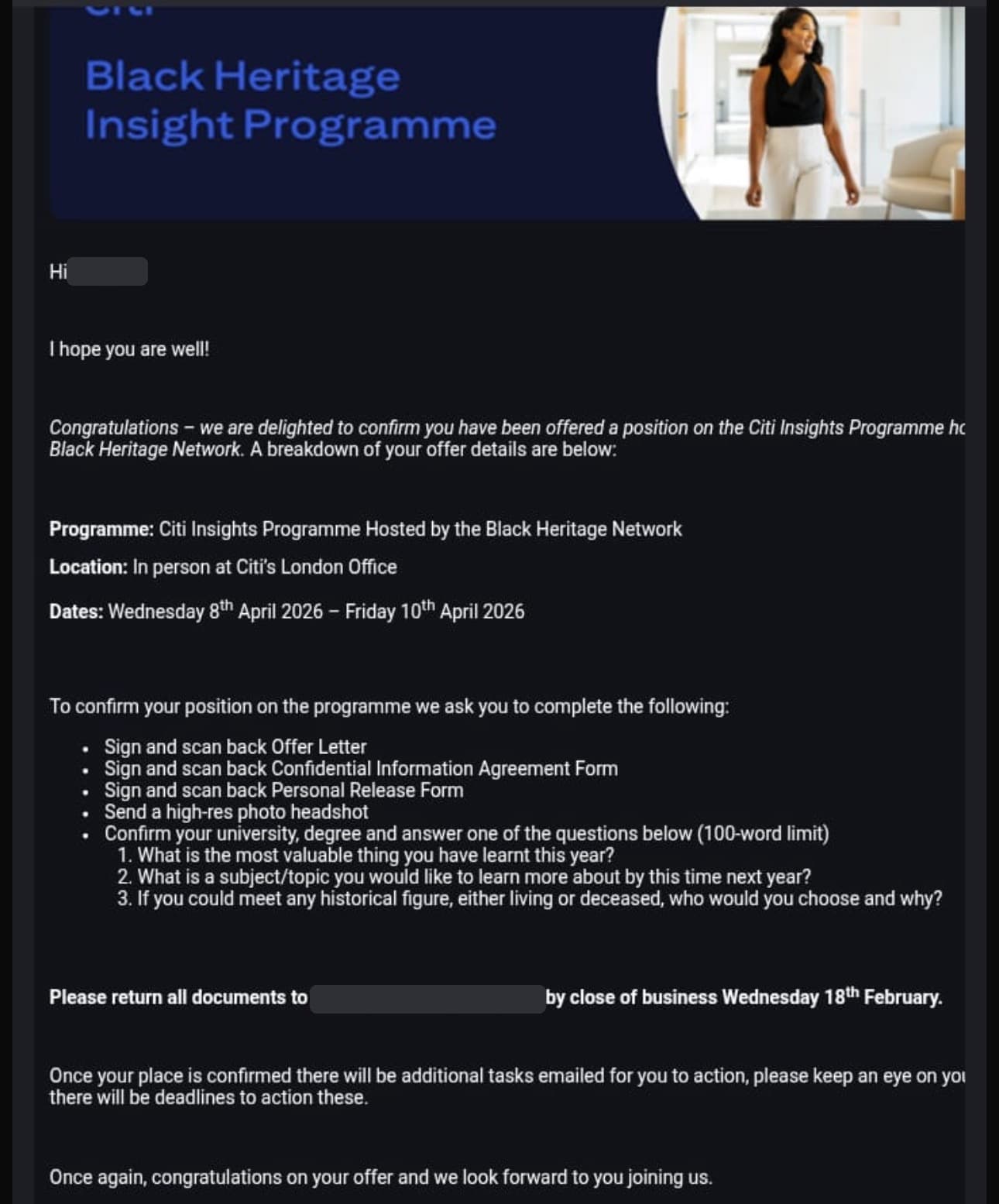 Maziko M. Citi Insights Programme offer email, April 2026. Former forename and the Citi recruiter contact address redacted; firm-side offer detail preserved as evidence.