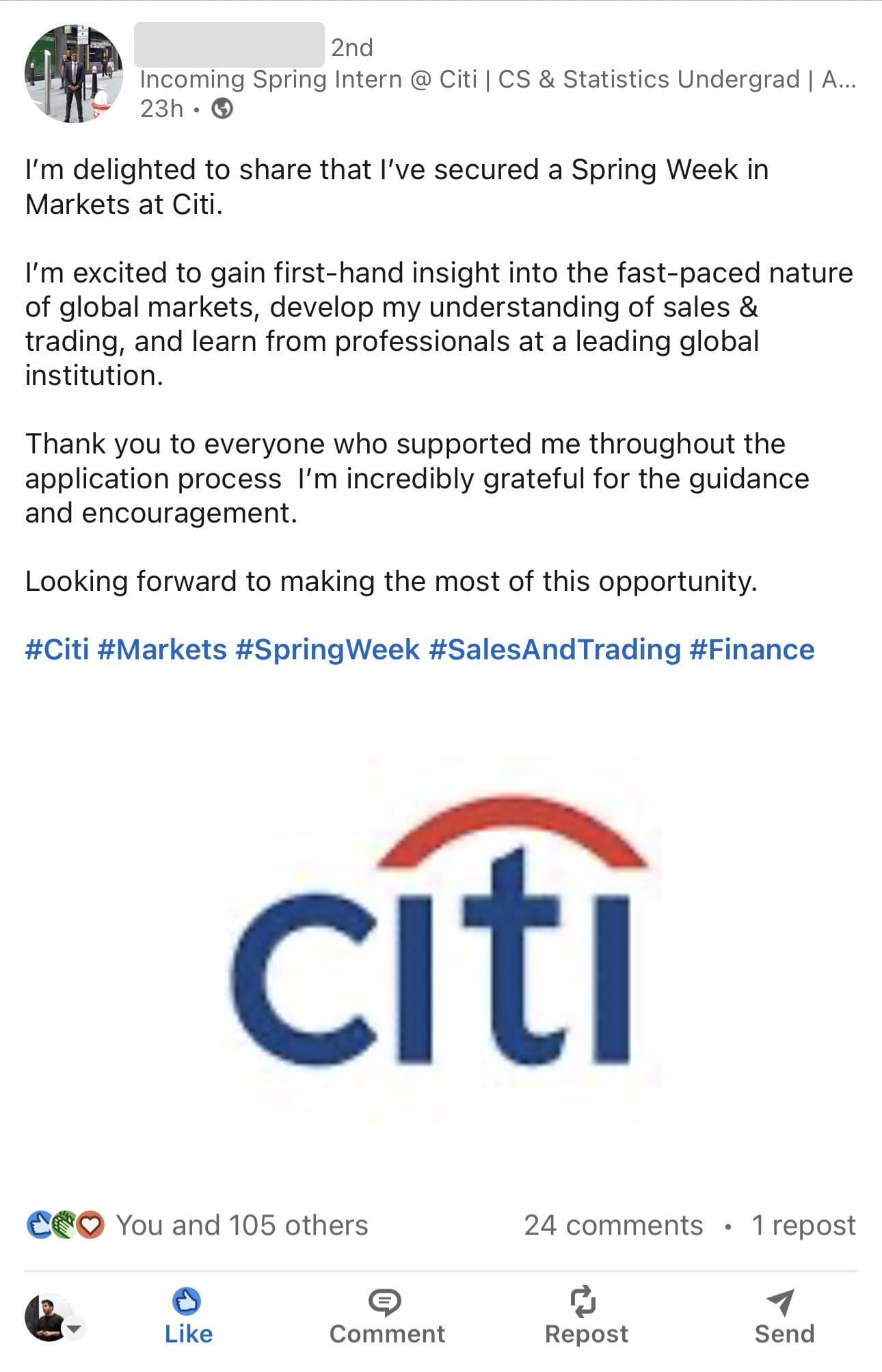 Maziko M. LinkedIn post announcing Citi Insights Programme. Former forename redacted at the client request.