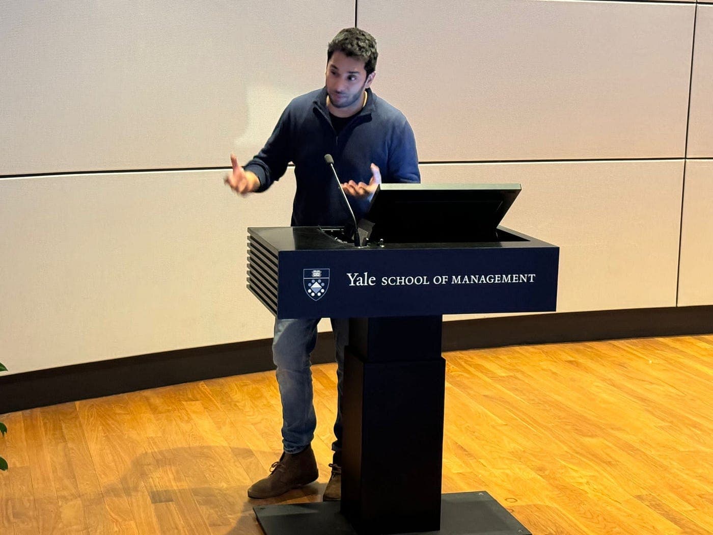 Yale SOM session. Full-room session at Yale SOM. The point is founder-led judgement, not delegated intake or generic motivation content.