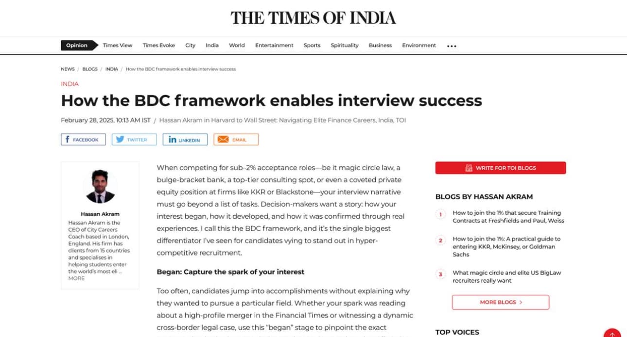 Times of India article by Hassan Akram: How the BDC framework enables interview success (Feb 2025)