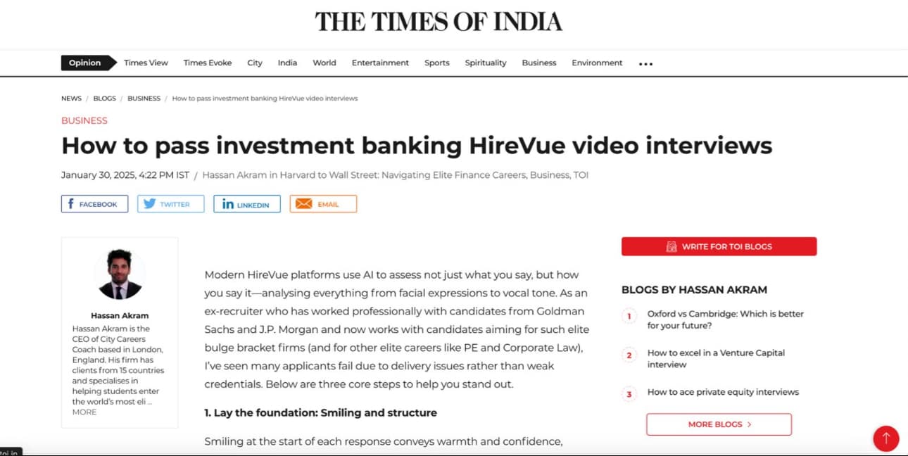 Times of India article by Hassan Akram: How to pass investment banking HireVue video interviews (Jan 2025)