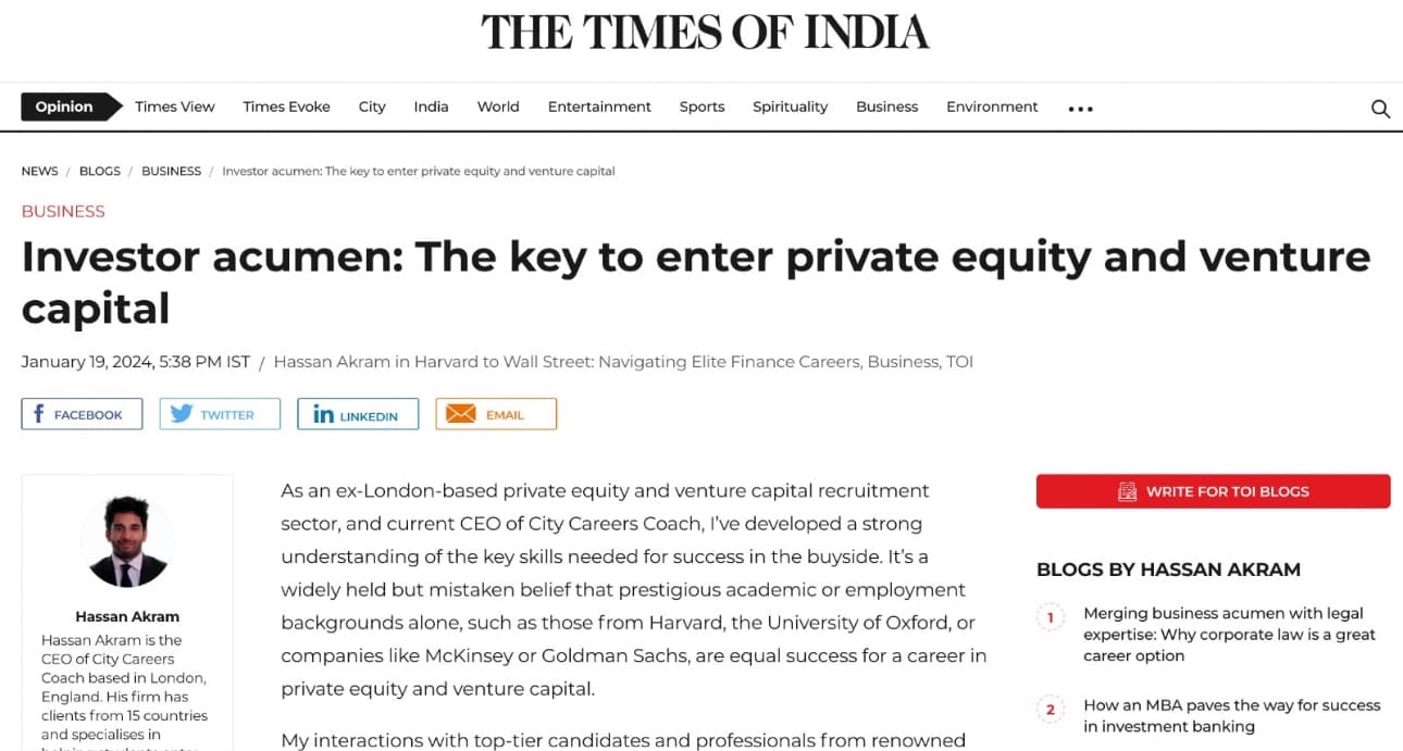 Times of India article by Hassan Akram: Investor acumen is the key to enter PE and VC (Jan 2024)