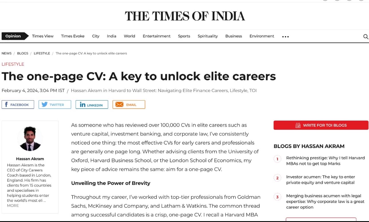 Times of India article by Hassan Akram: The one-page CV is the key to unlock elite careers (Feb 2024)